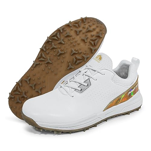 Zapatos De Golf para Hombre, Zapatillas Transpirables y Antideslizantes para Exteriores, Botas Sin Clavos White&Glod, Talla 42