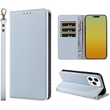 SHANGHAO iphone 15 Pro用 ケース 手帳型 上質レザー アイフォン15Pro ケース 耐衝撃 ストラップホール付き ライトブルー