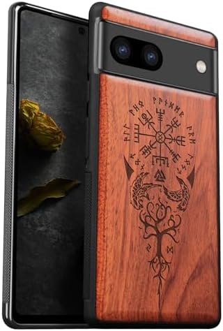 Carveit Wood Phone Case for Google Pixel 8 [Solid Wooden Case & Soft TPU Hybrid] Compatible With Wireless Chargers Pixel 8 Cover (Vikingkompas-Donker hout