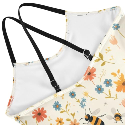 Vintage Embroidery Honey Bee with Wild Flowers Kids Girls 1-Piece Swimsuit Summer Swimwear Adjustable Strap Quick-Dry4