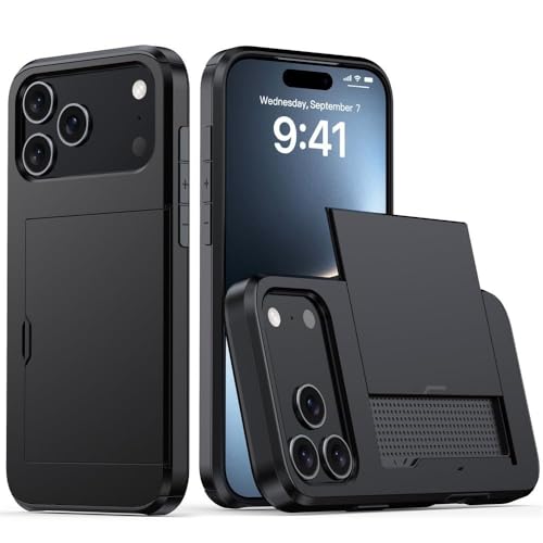 For IPhone 17/17 Pro/17 Air/17 Pro Max用スリムケース、背面カードスロットスライドカバー、高耐久衝撃保護PCシェル、滑り止めグリップ,17pro,Black
