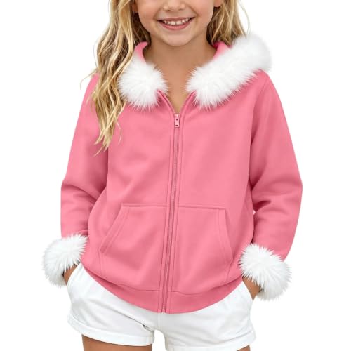 Girls Zip Up Hoodies Cute Faux Fur Trim Jackets Kids Fashion Clothes | girls zip up hoodie, faux fur trim jacket, cute hooded sweatshirt, long sleeve kids fall clothes, casual girls outerwear - image 1