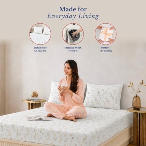 Image of Jaipur Weaves Queen Size Elastic Fitted Bedsheet, 100% Pure Cotton Double Bed Fitted Bedsheet with 2 Pillow Covers, 240 TC, 60x78 Inches up to 8-inch Mattress, Floral (Spring Tulips Yellow, Queen)