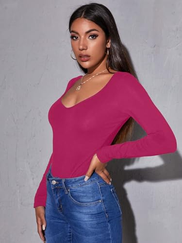 Image of Aahwan Women Cotton Blend Solid V-Neck Full Sleeves Fitted Tee Top
