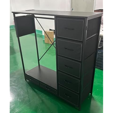 SZLHANJZ Dresser with Hanging Rack, Wheels, 7 Drawer, Black Cover
