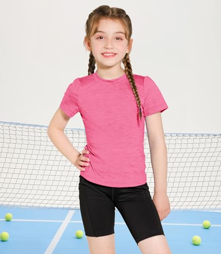 Image of Girls Athletic Shirts Short Sleeve Quick Dry Fit Crew Neck Activewear Summer UPF 50+ Tees Tops for Kids Teens 3 Pack Grey+Light Blue+Rose Pink 13-14 Years