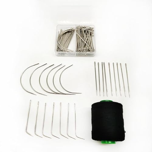 SagaSave 81 Pieces Wig Making Pins Needles Set, J-shaped Needle Wig T Pins and C Curved Needles with 328 Yard Thread for Wig Making, Blocking Knitting, Modelling and Crafts