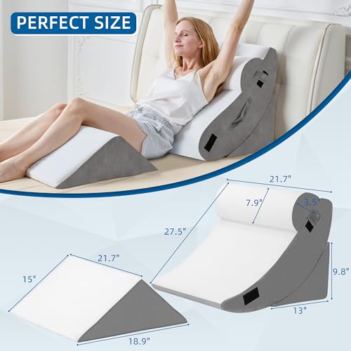 Image of HABUTWAY 4Pcs Orthopedic Wedge Pillow, Bed Wedge Pillow for Sleeping, Post Surgery Foam Pillow for Back Pain Relief, Triangle Adjustable Support Pillow with Machine Washable Cover, White&Grey