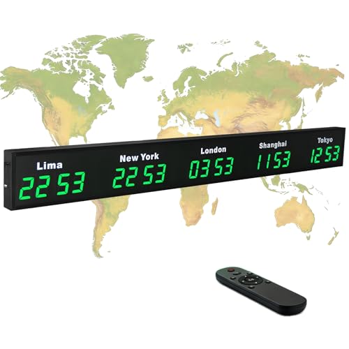 Reloj de zonas horarias mundiales con control remoto, pantalla digital para múltiples zonas horarias, diseño montado en la pared con carcasa de aluminio, ideal para oficinas y empresas
