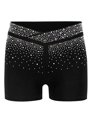 Jugaoge Kids Girls Shiny Rhinestones Gymnastics Dance Shorts V-Front Stretch Figure Skating Training Bottoms