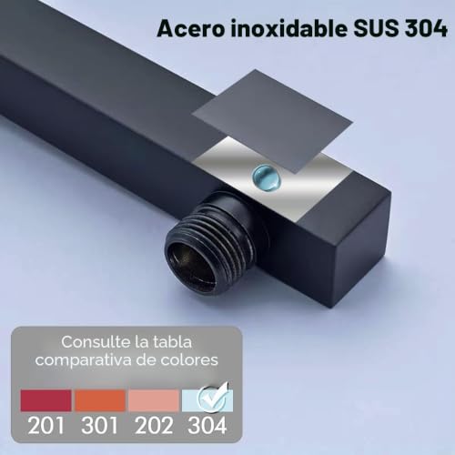 Miniatura 3 de Drenky Brazo De Ducha Negro, Cuadrado 40 Cm Extensión De Pared, Acero Inoxidable A2 V2a Para Alcachofas Fijas, Acabado Lacado Negro