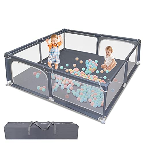 Baby Playpen, Playpen for Babies, Baby Fence with Safety Gates, Infant Activity Center Play Yard with Anti-Slip Suckers/Breathable Mesh Walls/Storage Bag (79â€x 71â€, Gray)