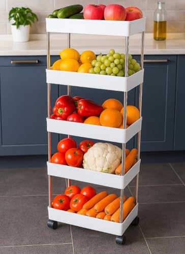 Image of 5 Tier Storage Rack, Kitchen Trolley, Storage Cart with Wheels, Rolling Storage Cart, Kitchen Storage Rack, Multipurpose Trolley (White)