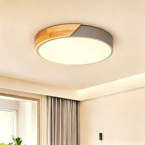 Kambo Plafón LED Redondo de Madera 24W 3000K - Lámpara de Techo Moderna Interior Gris 2400LM Ø30cm, Luz de Iluminación para Cocina, Salón, Dormitorio, Oficina, Pasillo