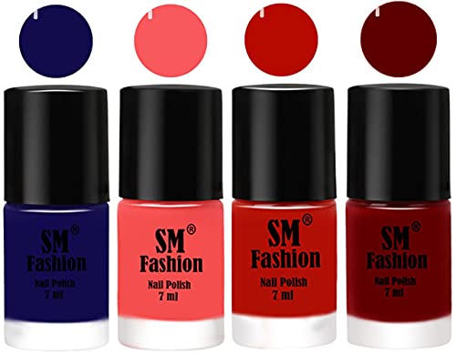 Image of Nail Polish Combo Set (Pack of 4) Quick Dry Gel Finish Nail Paint | Dark Blue,Light Pink,Red Orange,Dark Red | 7 ml Each
