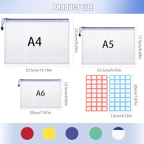Hemiks 15 Stück Dokumententaschen A4+A5+A6, Transparente PVC Dokumentenmappe Wasserabweisend, Zip Beutel für Unterlagen Schule Büro Reise, mit Etiketten & Aufhängeschlaufe (5 Farben)