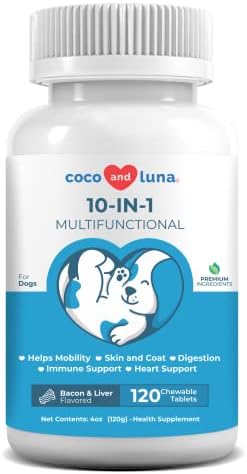 10 in 1 Multivitamin for Dogs - 120 Chewable Tablets - Hip and Joint Support - Omega Fish Oil & Vitamins with Coq10 for Skin & Heart Health - Probiotics & Enzymes for Gut & Immune Health