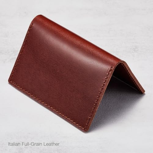 Image of HISCOW Italian Full Grain Leather Slim Card Holder, Minimalist Vegetable Tanned Leather Business Card Case for Men, Ultra-Thin Bifold Front Pocket Wallet, Espresso