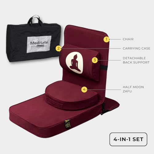 Image of Friends of Meditation Relaxing Buddha Meditation Chair | Detachable Rectangular Back Support & Zafu Cushion | Portable Folding Chair | Floor Chair with Back Support | Yoga Chairs for Adults | Maroon