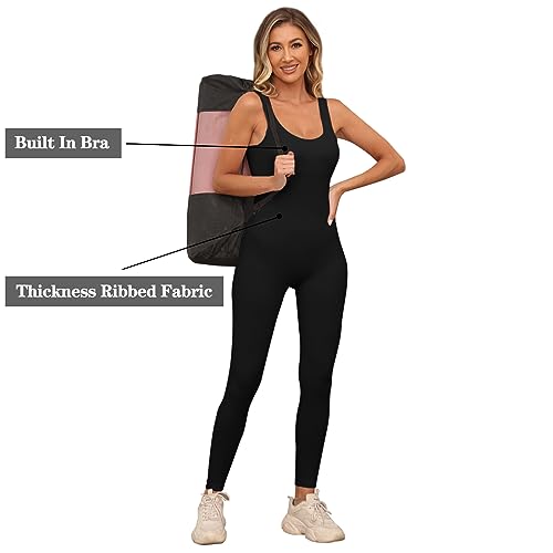 Jetjoy Damen Sport Jumpsuit Lang Yoga Armellos Workout Bodysuit Einteiler Ganzkörperanzug Jumpsuit eng Eckigem Ausschnitt Gerippte Jumpsuits Sportanzug Einteiliger
