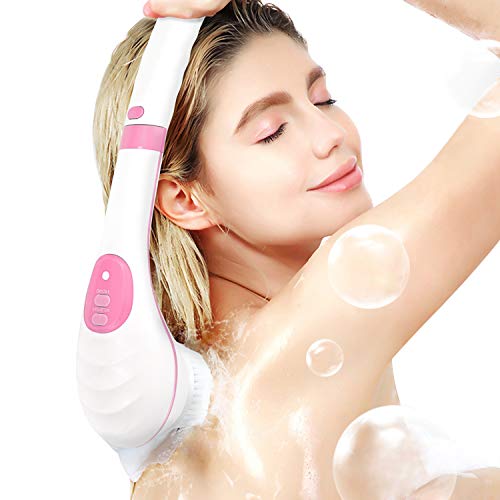 100FIXEO USB Charge Electric Long Handle Rotating Bath & Body Brushes Waterproof Facial Face Shower Brush Devices With 5 Brush Heads Deep Cleansing (Pink)