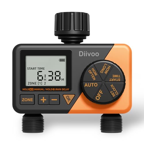 Diivoo Programador de riego con 2 Salidas, Programador de riego con retardo por Lluvia/Modo Manual y...