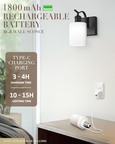 Image of 1-Light Bathroom Wall Sconce, Matte Black Modern Wall Light Fixture with Frosted Glass Shade RGB Bulb, RGB 12 Colors Modes Rechargeable Wall lamp for Bedroom Living Room, ZCVL01BK-1B