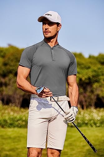 Coofandy Men's Quick Dry Golf Polo Shirts Short Sleeve Henley Shirt Active Athletic Collarless Sports T Shirts Grey #TOP2