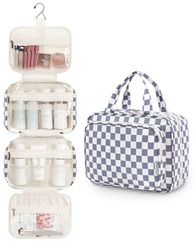 Image of Narwey Large Hanging Toiletry Bag Travel Makeup Bag Cosmetic Organizer for Women and Girls, Z-Grayish Blue Checkerboard, Medium