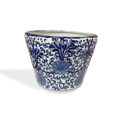 10" Oriental Ornate Floral Pattern Coblat Blue & White Ceramic Planter Plant Pot
