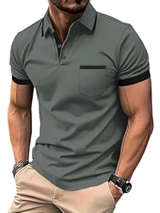 zitysport Polos Homme Manches Courtes Sport Tennis Shirt Respirant Fonctionnel avec Poche Chemises Eté Golf Extérieur Slim Fit Polo Hommes Golf Poche Poitrine Regular Fit Tshirt(Gris Foncé-L)