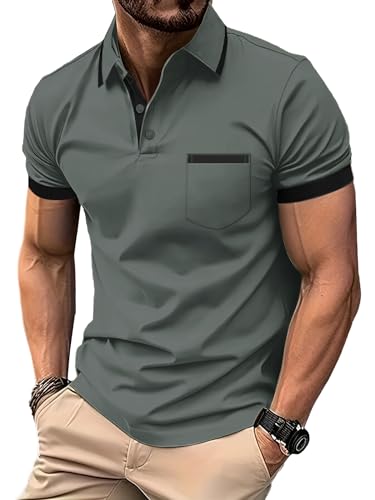 zitysport Poloshirt Herren Kurzarm Shirt Atmungsaktives Golf Polo Shirt Männer Sommer Shirts Sport Basic Slim Fit Tshirt mit Brusttasche Polohemd(DunkelGrau-2XL)