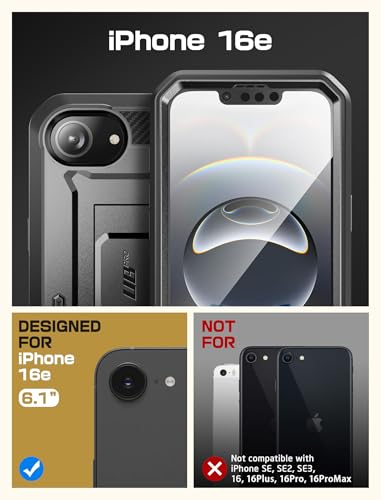 Image of SUPCASE for iPhone 16e Case with Screen Protector (Unicorn Beetle Pro), [Built-in Stand & Belt-Clip] [Military-Grade Protection] Full Body Phone Case for iPhone 16e 6.1'' 2025, Black