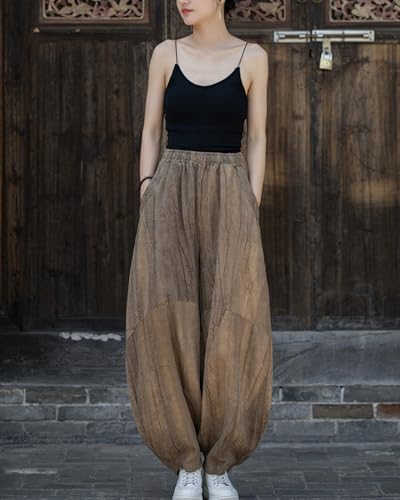 Women's Casual Cotton Linen Baggy Pants with Elastic Waist Relax Fit Lantern Trouser with Pockets4