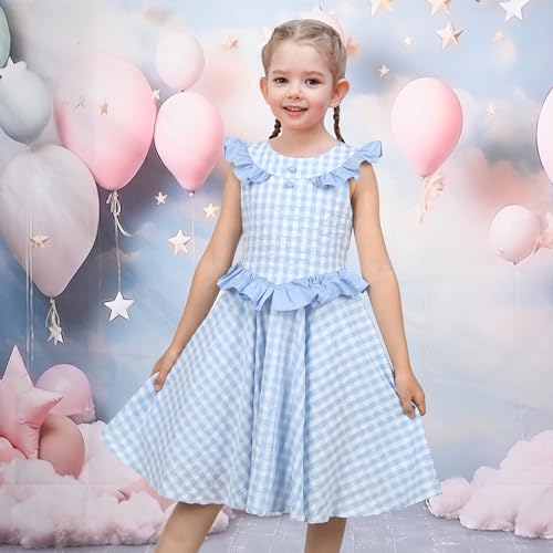 Sunny Fashion Girls Dress Light Blue Gingham Plaid Waist Ruffle Cap Sleeve Party2