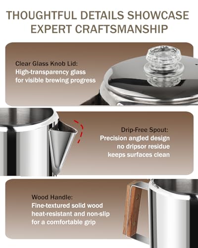 Image of Coffee Maker Coffee Percolator 304 Stainless Steel Pot Stovetop Easy Brewing Even Heating 6 Cup 33.8oz 1000ml Silver Classic Design Heat Resistant Home Camping Outdoor
