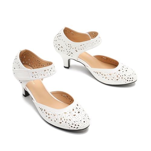 Image of Women's Comfortable Mary Jane Pumps Vintage Cutout Closed Toe Kitten Heels for Dressy Office Work