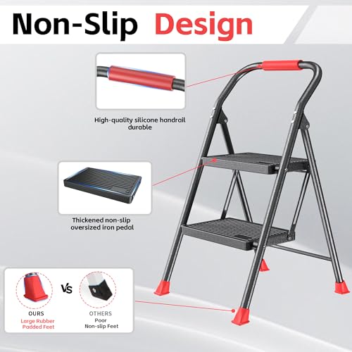 Step Ladder Foldable Folding Stool - for Home Adults Kitchen 2 Stepping Extension Tall Heavy Duty with Handrails - Closet Stepstool Stair Ladders Extendable Stepladder for Indoor House 600Lbs - Image 4