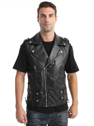 Fashion Mens Faux Leather PU Motor Biker Vest Zippers Slim Fit Sleeveless Waistcoat