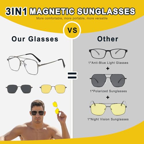 Image of 3in1 Magnetic Clip On Sunglasses Polarized For Women Mens Blue Light Glassess Aviator Stylish Eyewear for Drivers