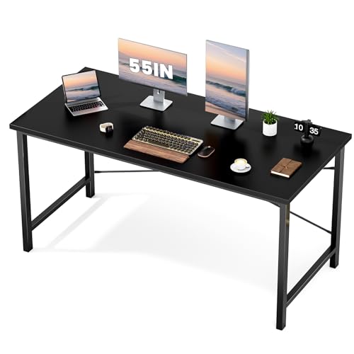 Sweetcrispy Computer Office Desk 55 Inch Student Study Writing Work with Metal Frame Wood Tabletop Modern Simple PC Home Bedroom Table - Black