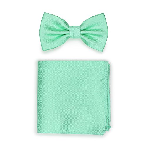 Bows-N-Ties Men's Solid Pre-Tied Bow Tie and Pocket Square Set Matte Herringbone Finish (Mint)