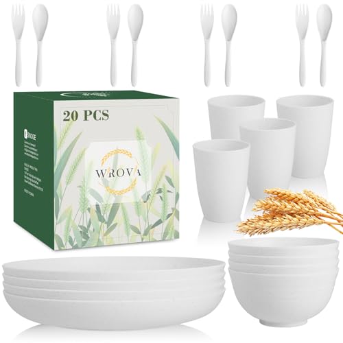 Wrova Wheat Straw Dinnerware Sets with Flatwares,20-piece Dishwasher Safe Kitchen Plates and Bowls...