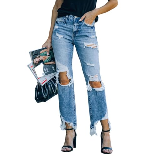 LAFOURAM Ripped Jeans Womens High Waisted Distressed Bootcut Frayed Raw Washed Demin Pants