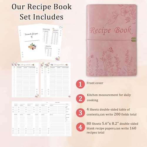 Image of leeveel Blank Recipe Book to Write in Your Own Recipes, 5.6 X 8.2 Recipe Ring Binder with PU Leather Cover, Recipe Journal with 160 Recipes (pink)