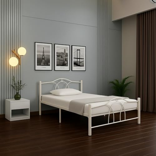Image of Alto Metal King Size Bed Without Storage | Wrought Iron Double Bed with Headboard & Footboard | Sturdy Powder Coated Platform Bed King Size Cot for Bedroom Living Room Ivory (75x72)