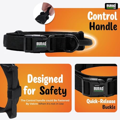 Image of Buraq Pets Tactical Dog Collar with Handle Heavy Duty Black