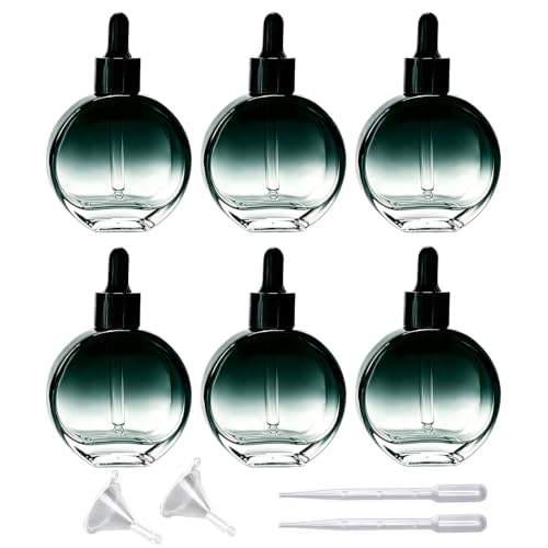 PYAWI 6Pcs, 2 oz Glass Dropper Bottles for Essential Oils ，60ml flat round perfume bottle with Eye Droppers， for Essential Oils, Perfumes, Serums - Leakproof for Travel (A-Dark Green)