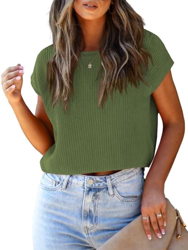 Image of LCXWFE Womens Summer Cropped Sweater Vest Trendy Cap Sleeve Crop Tops Crew Neck Loose Knit Tank Top