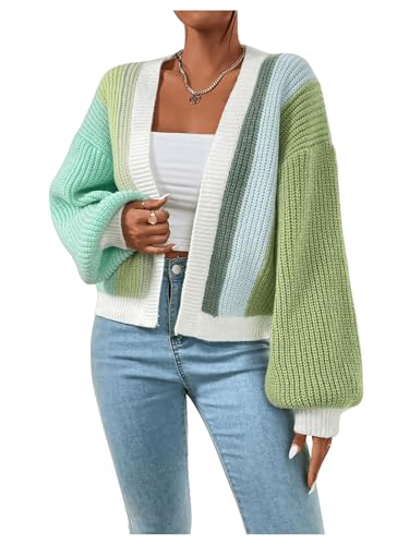 SHENHE Women's Color Block Open Front Long Sleeve Ribbed Knit Cropped Cardigan Sweaters3
